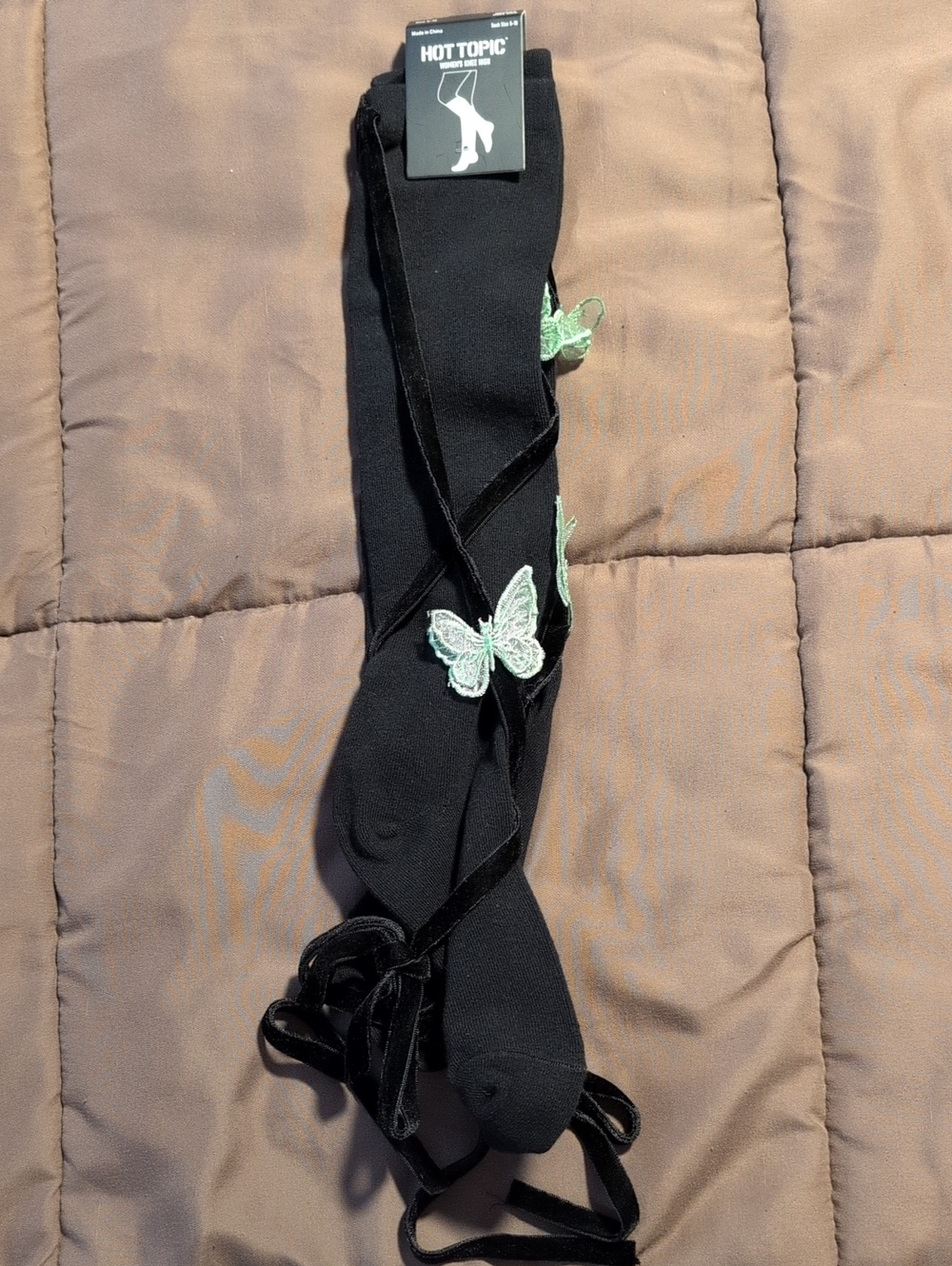 Hot Topic Black Knee-Highs with Mint Green Butterfly Appliqués